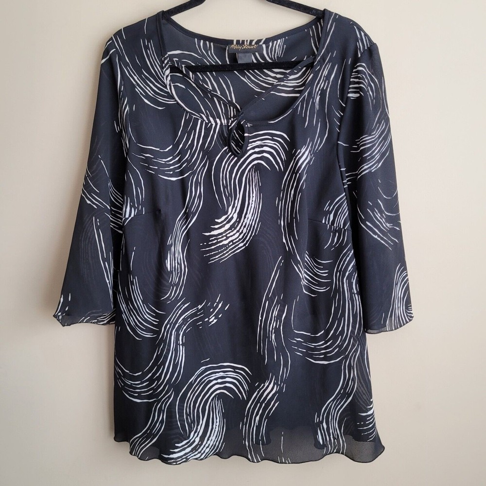 Ashley Stewart Womens Blouse Plus Size 18 Black White Geometric Semi Sheer Flowy